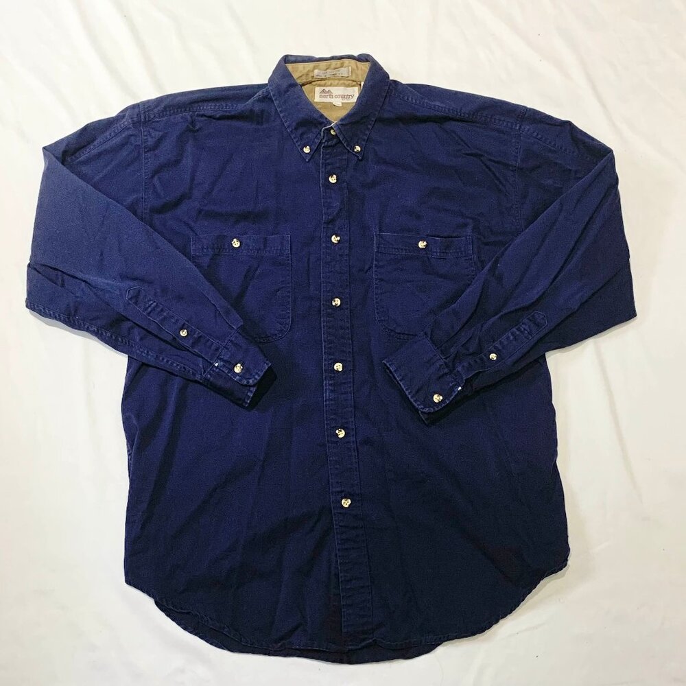 VTG Eaton North Country Button Down Navy Blue Cotton Shirt Double Pockets